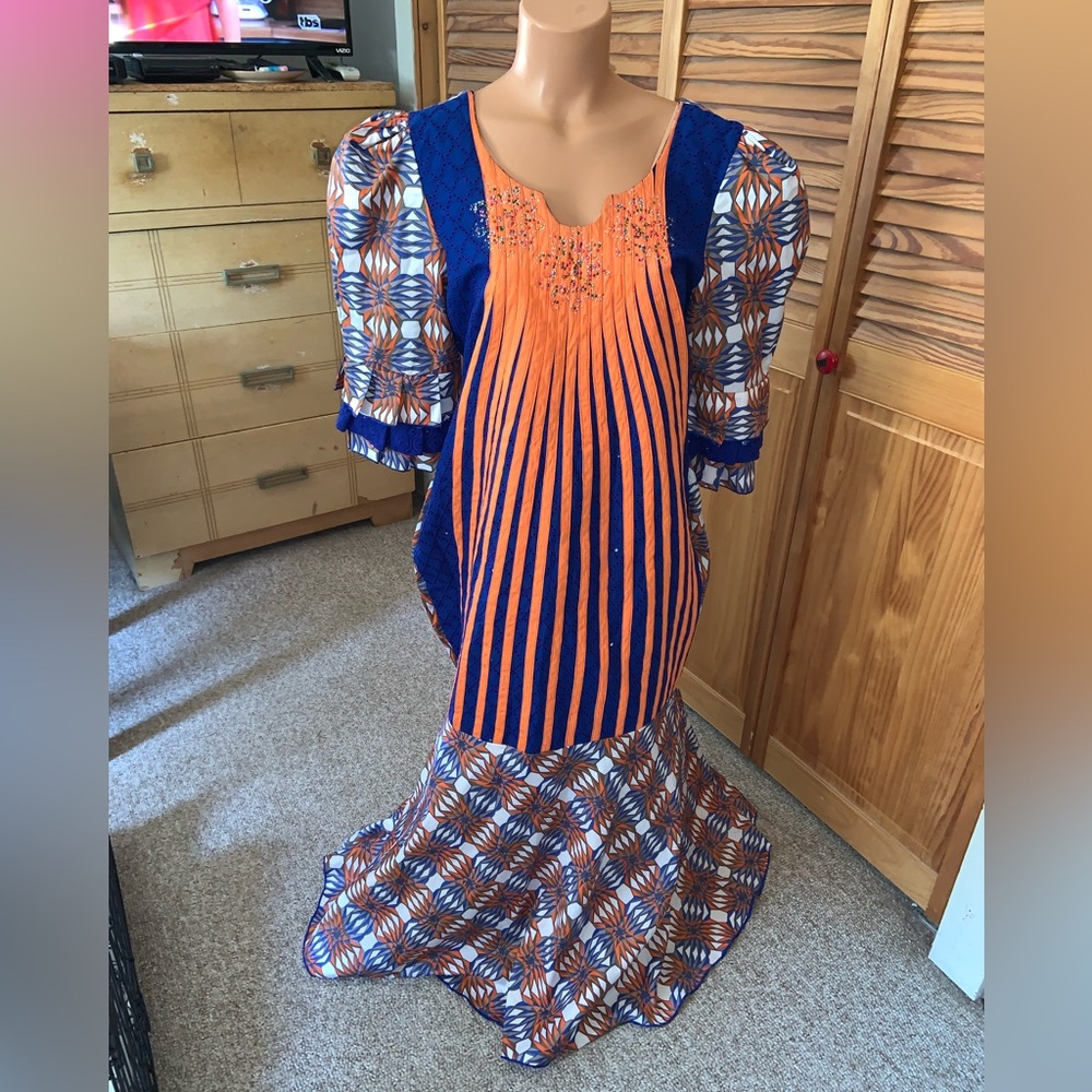 Blue & Orange Patterned Maxi Dress with Embellished Bodice